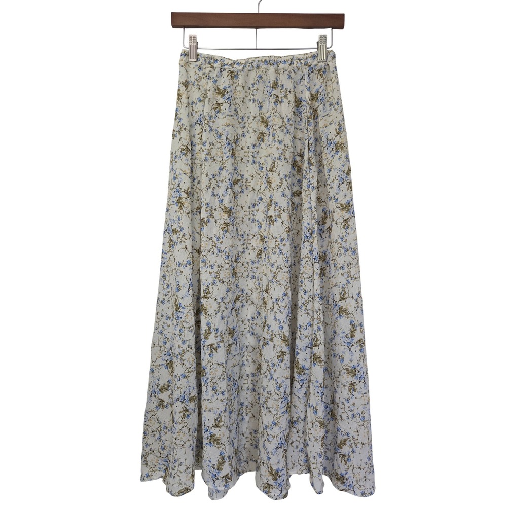 Max Studio Midi Skirt Textured Crepe Elastic Waist Women XS Blue Floral NWOT